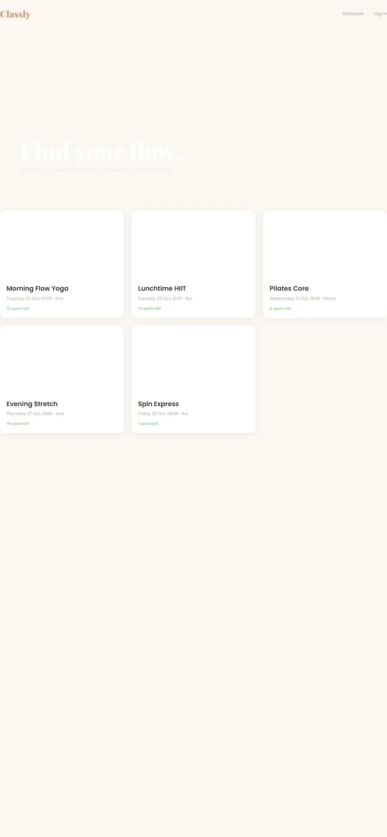 Before: on a phone the Classly page is a shrunken desktop layout with tiny unreadable text, an empty hero area and blank class photos still loading.